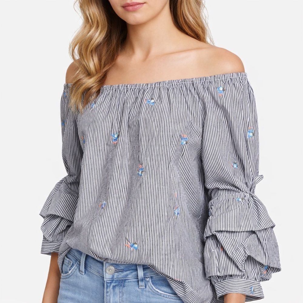 Sanctuary Blouse 3/4 bell sleeve ruffle stripes top embroidery black white Large